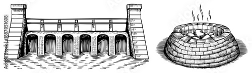 Stone Arch Dam and Hot Spring Bath Vector Illustration