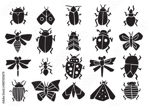 Cute stylized garden bugs compilation set.  Vector doodle silhouette illustration set for web, t-shirt design, other graphic design use