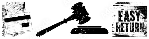 Grunge Styled Credit Card, Gavel, and Easy Return Sign