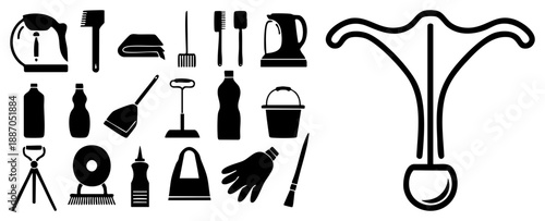 Black Silhouettes of Cleaning Tools and Household Appliances
