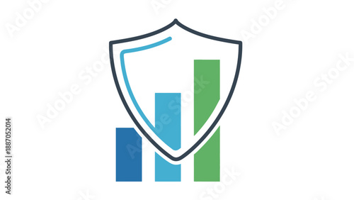 A graphic illustration featuring a protective shield icon overlaid on a rising bar chart, symbolizing data security, financial growth, and business performance analytics.