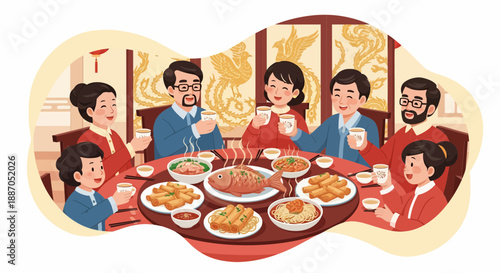 Family enjoying traditional Chinese meal together