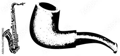Vintage Saxophone and Tobacco Pipe in Bold Halftone Vector Illustration