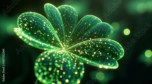 Abstract glowing four-leaf clover with sparkling particles and bokeh lights
