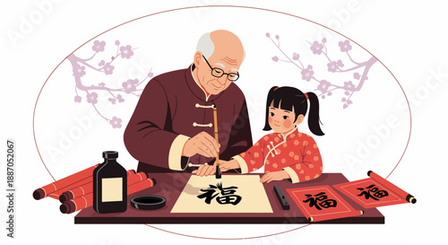 Elderly man teaching calligraphy to little girl