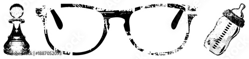 Vintage Chess Piece, Eyeglasses, and Baby Bottle in Grunge Vector Set