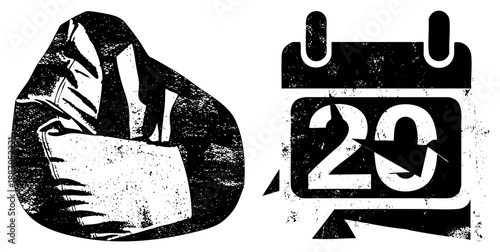 Vintage Grunge Style Calendar with Date 20 and Bean Bag Chair Silhouette