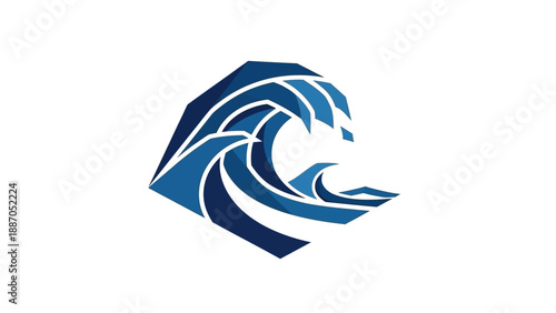 A geometric, stylized illustration of ocean waves in various shades of blue, depicting a dynamic and modern interpretation of water movement.