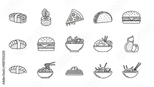 Collection of black and white line art icons depicting various popular food items like sushi, pizza, burgers, tacos, salads, and noodles.