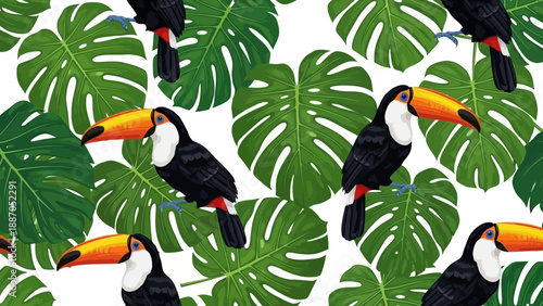 Seamless tropical pattern featuring vibrant toucans and lush green monstera leaves on a white background, perfect for textile design.