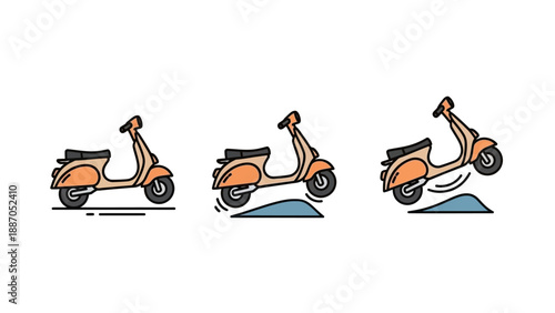 Illustration of a scooter riding, approaching, and jumping over a small bump, depicting motion and obstacle navigation.