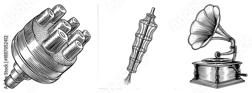 Vintage Phonograph, Electrical Plug, and Microphone Vector Illustrations