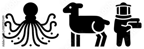 Octopus, Sheep, and Beekeeper Silhouettes in Minimalist Vector Design