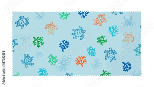 A light blue fabric swatch featuring a playful pattern of stylized sea turtles and coral in shades of blue, orange, and green, with a textured background.