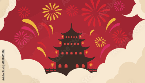 Chinese pagoda with fireworks and clouds