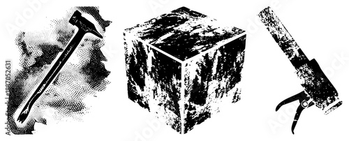 Vintage Halftone Tools Sledgehammer, Cube, Caulk Gun in Retro Print Style