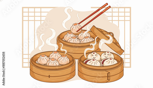 Steamed dumplings in bamboo steamer baskets with chopsticks