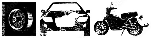 Vintage Motorcycle, Car Front, and Spoked Wheel Silhouettes in Grunge Style