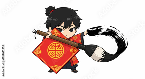 Chibi character holding Chinese calligraphy brush and red scroll