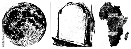Halftone Rendered Moon, Tombstone, and Africa Map in Vector Style