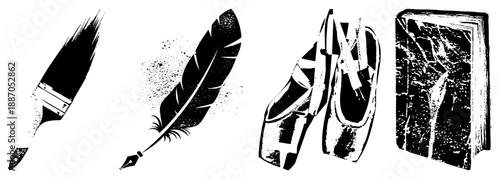 Artistic Tools & Symbols Brush, Quill, Ballet Shoes, and Book in Vector Set