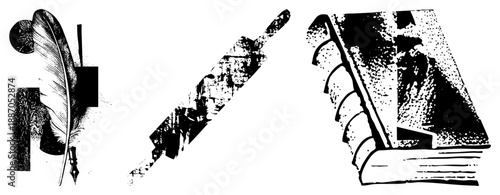 Vintage Writing Tools and Book Illustration Set