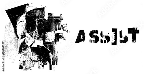 Abstract Geometric Composition with Bold Text "ASSIST" in Grunge Style