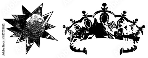 Bold Halftone Starburst and Ornate Crown Vector Silhouettes