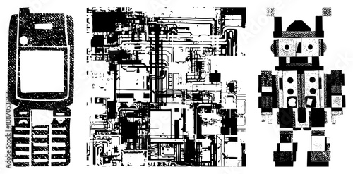 Abstract Tech Circuitry and Retro Robot Silhouettes in Halftone Vector Design
