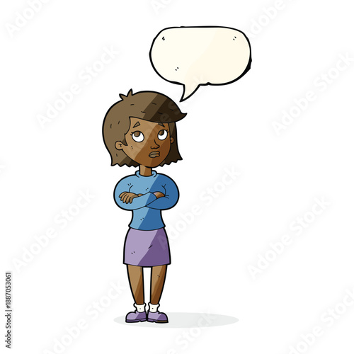 Woman standing with arms crossed and speech bubble