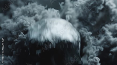 Dark skull with burning eyes and cigarette engulfed in smoke, symbolizing death