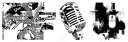 Vintage Microphone and Circuit Board with Computer Mouse Isolated