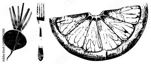 Hand Drawn Beetroot and Citrus Slice with Fork in Vintage Linocut Style