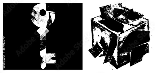 Abstract Key and Fragmented Cube Vector Art in Halftone Style