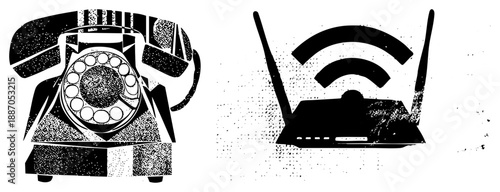 Vintage Rotary Phone and Modern Wi Fi Router Side by Side
