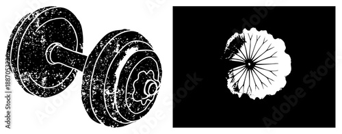 Vintage Dumbbell and Lotus Leaf Vector Silhouettes with Distressed Texture