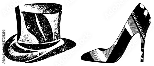 Vintage Top Hat and High Heel Shoe Vector Illustration