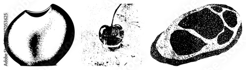 Halftone Rendered Fishbowl, Cherry, and Meat Slice Vector