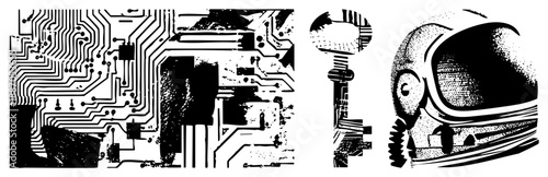 Abstract Tech Symbols Circuit Board, Key, and Astronaut Helmet in Halftone Vector Art