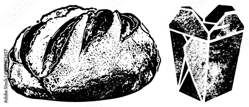 Artistic Black and White Bread Loaf with Crusty Texture and Takeout Container