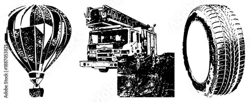 Hot Air Balloon, Fire Truck, and Tire Vector in High Contrast Stencil Style