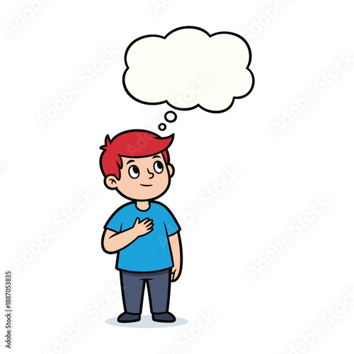 Thoughtful cartoon boy with empty thought bubble