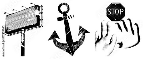 Vintage Billboard, Anchor, and Hand Holding Stop Sign Vector