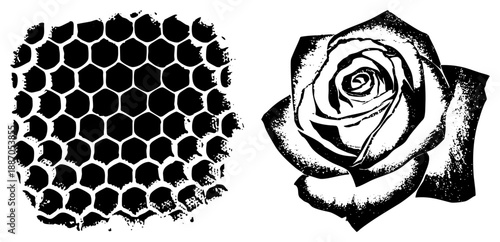 Stylized Honeycomb and Rose in Bold Black and White Vector Art