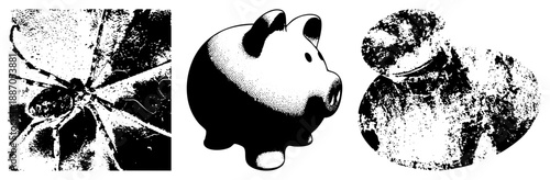 Vintage Halftone Spider, Piggy Bank, and Chef Silhouettes in Grunge Vector Art