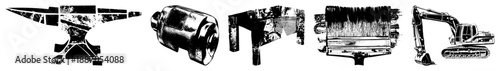 Industrial Tools and Machinery Vector Set with Distressed Textures