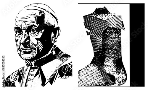 Stylized Black and White Portrait of Pope with Geometric Halftone Texture