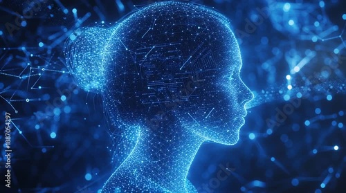 Digital human head silhouette composed of glowing blue lines and nodes, representing AI