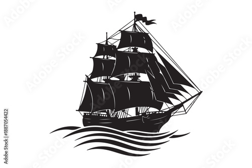 Black silhouette of a tall sailing ship on wavy water
