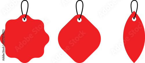 Red blank tags with black strings for labeling or identification. Set of Red Ribbon, Discount Label, Price Tag, Sale Label, Isolated on White Background